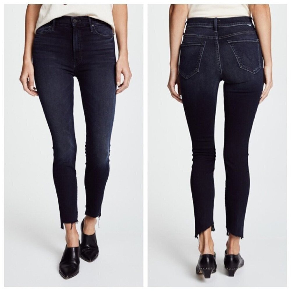 Mother The Stunner Zip Skinny Jeans Women's Size 25 High Rise Raw Hem Dark Wash